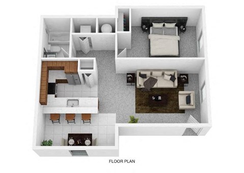 Floor plan for 1 bed, 1 bath, 727 sqft